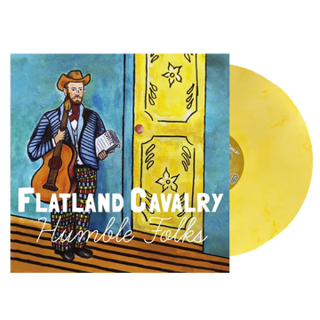 Yellow vinyl record album with colorful cover art featuring a cowboy musician.