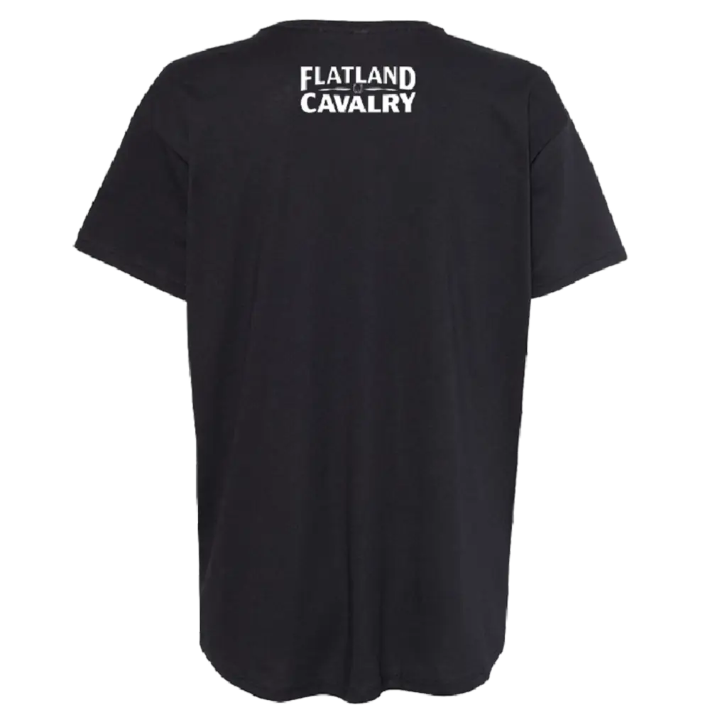 Black t-shirt with ’FLATLAND CAVALRY’ printed on the back.
