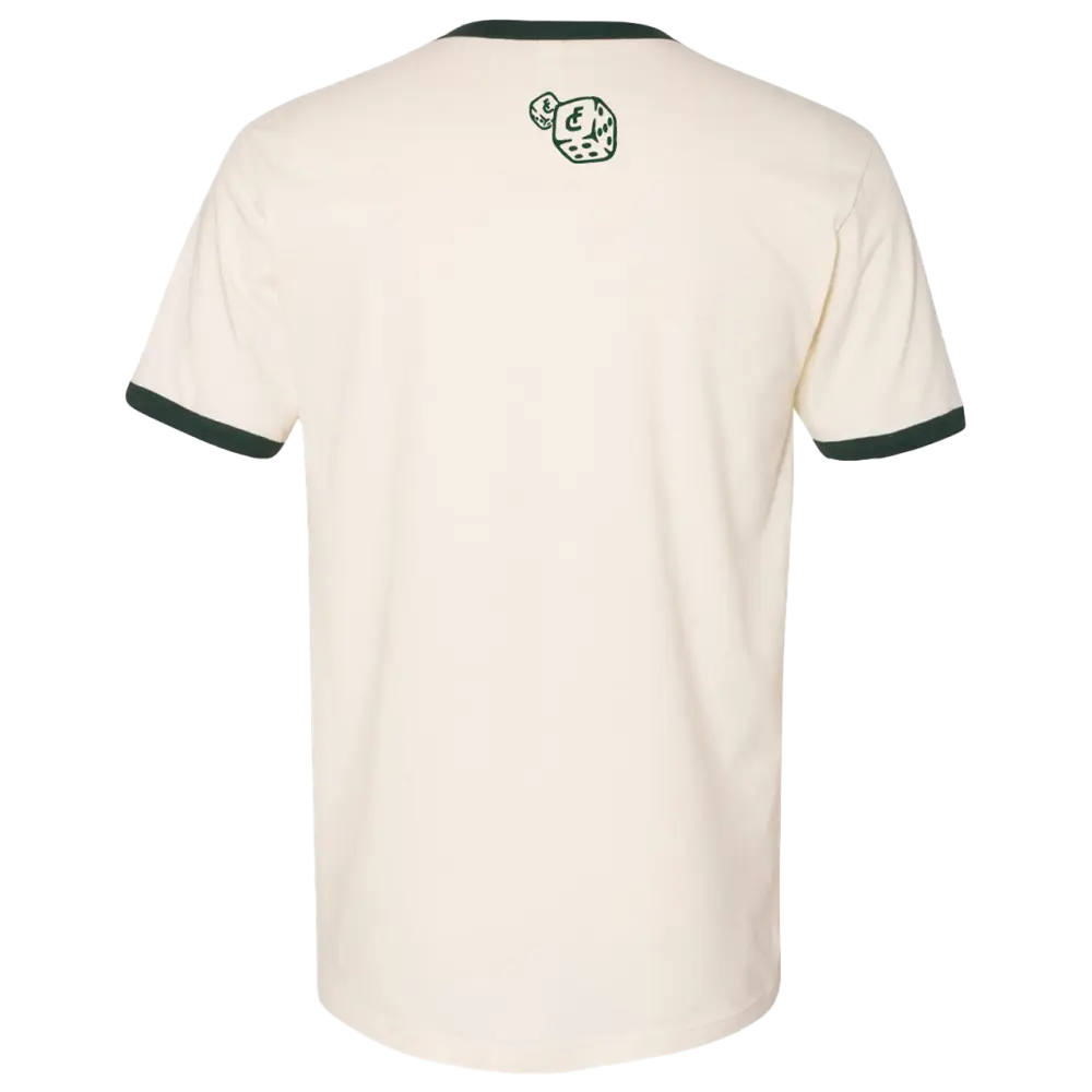 Cream-colored t-shirt with dark trim and a small cartoon elephant logo.