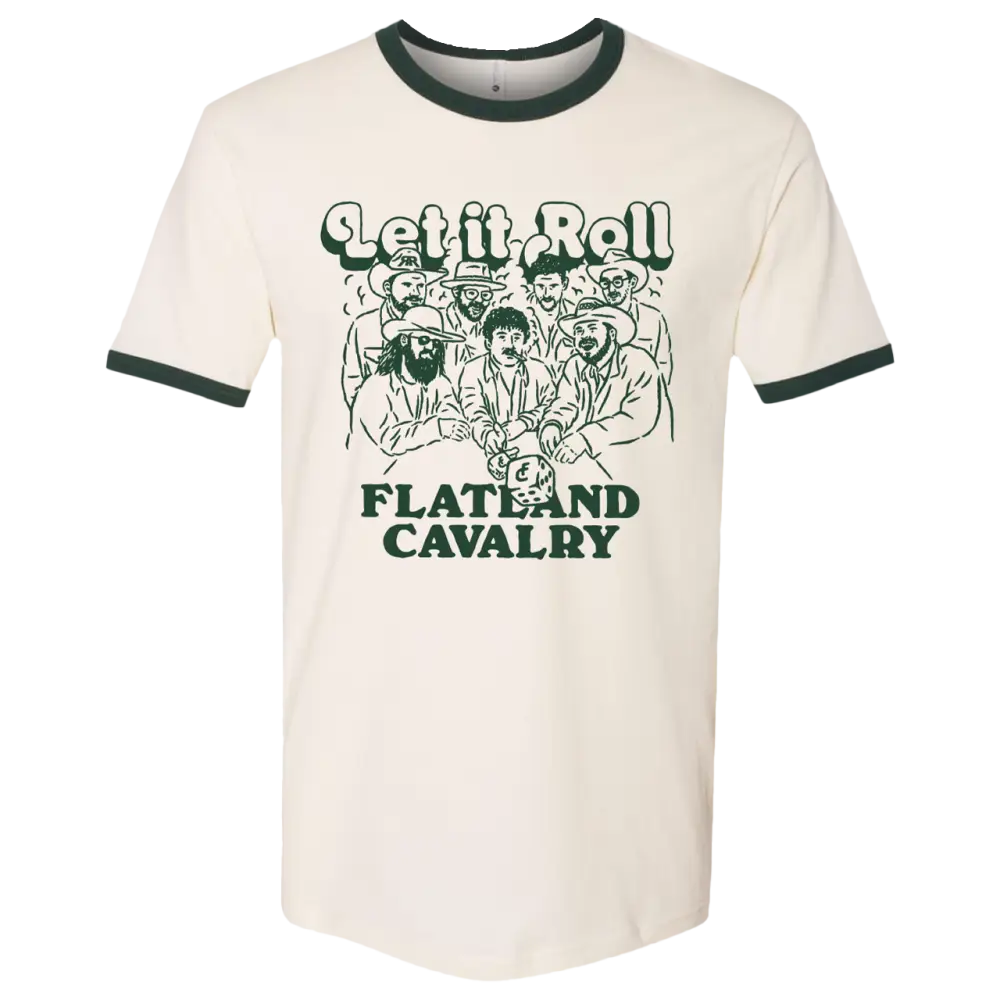 Cream-colored t-shirt with green trim featuring a ’Let It Roll Flatland Cavalry’ graphic design.