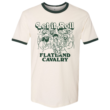 Cream-colored t-shirt with green trim featuring a ’Let It Roll Flatland Cavalry’ graphic design.