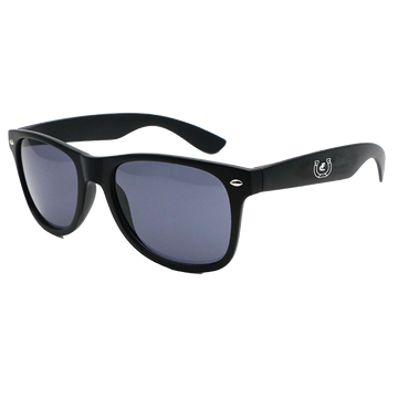 Black wayfarer-style sunglasses with dark lenses and a small logo on the temple.