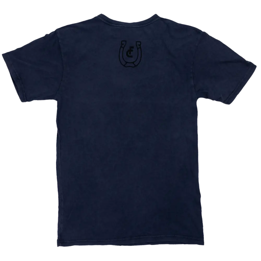 Navy blue t-shirt with a horseshoe logo on the back.