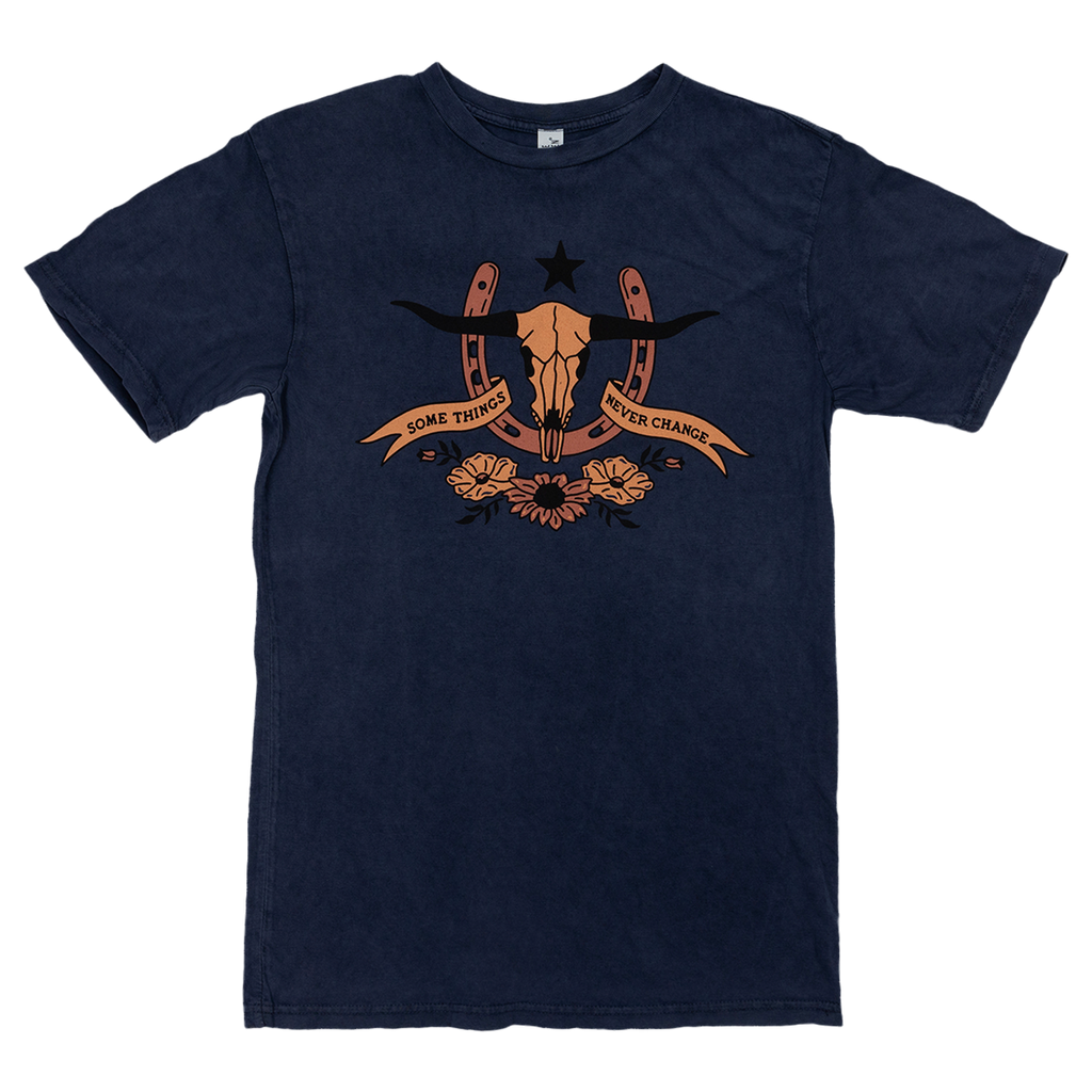 Navy blue t-shirt with a Western-style graphic design featuring a skull and decorative elements in orange.