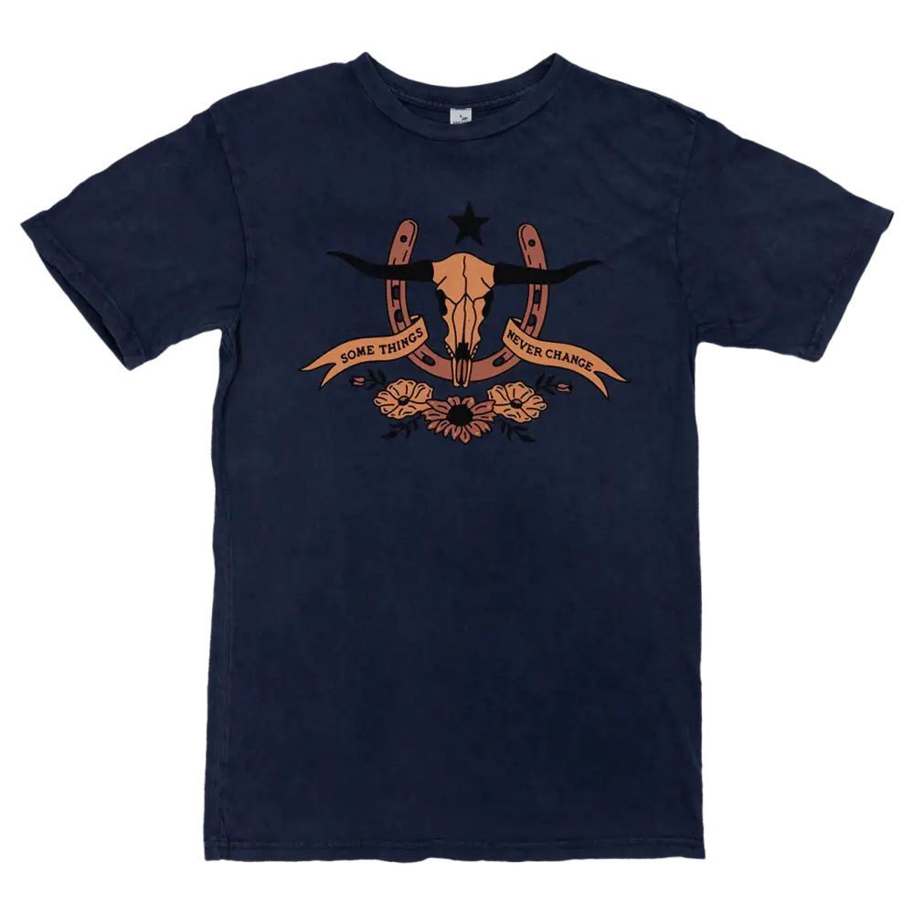 Navy blue t-shirt with a Western-style graphic design featuring a skull and decorative elements in orange.