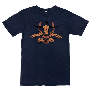 Navy blue t-shirt with a Western-style graphic design featuring a skull and decorative elements in orange.