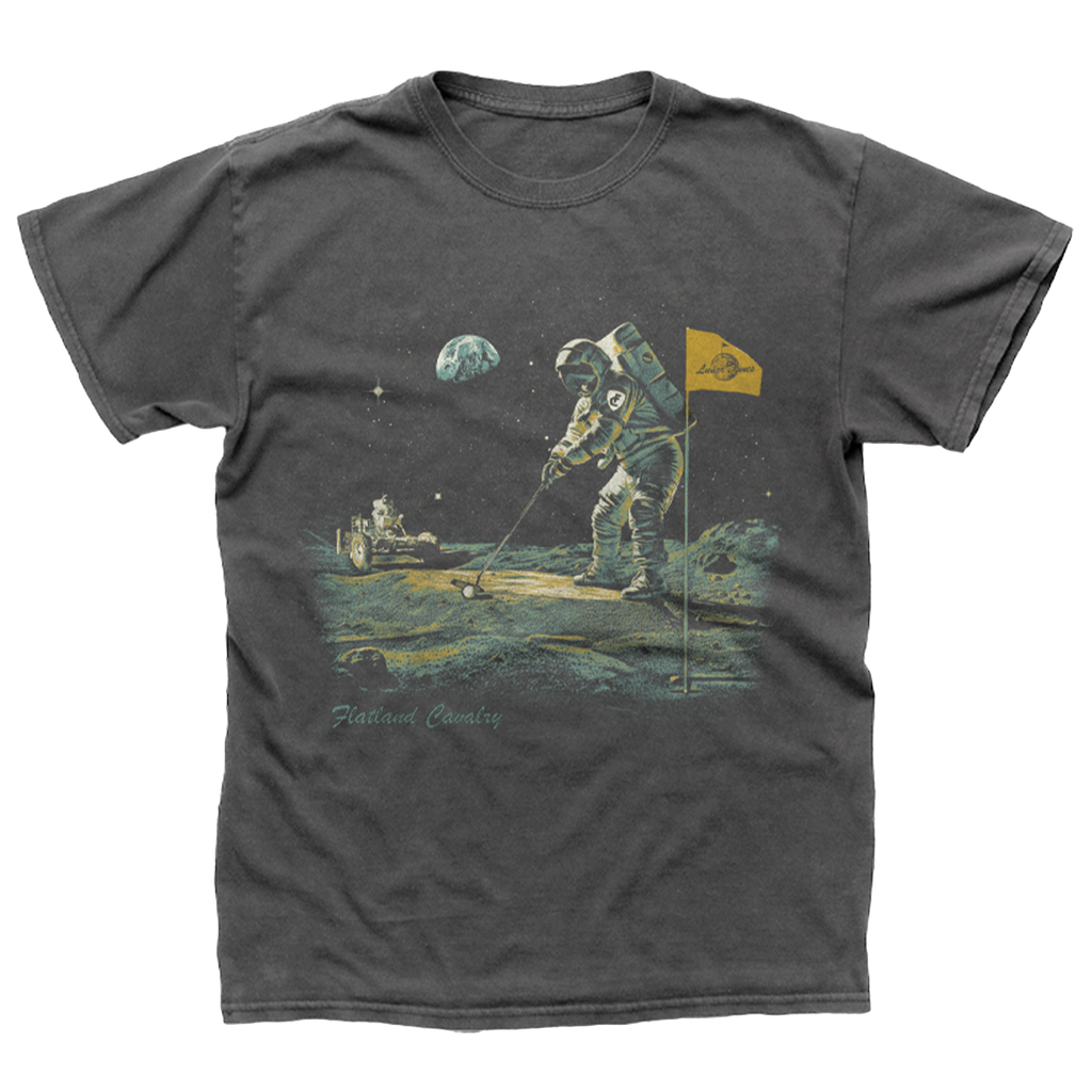 Gray t-shirt featuring a vintage-style illustration of an astronaut on the moon’s surface.