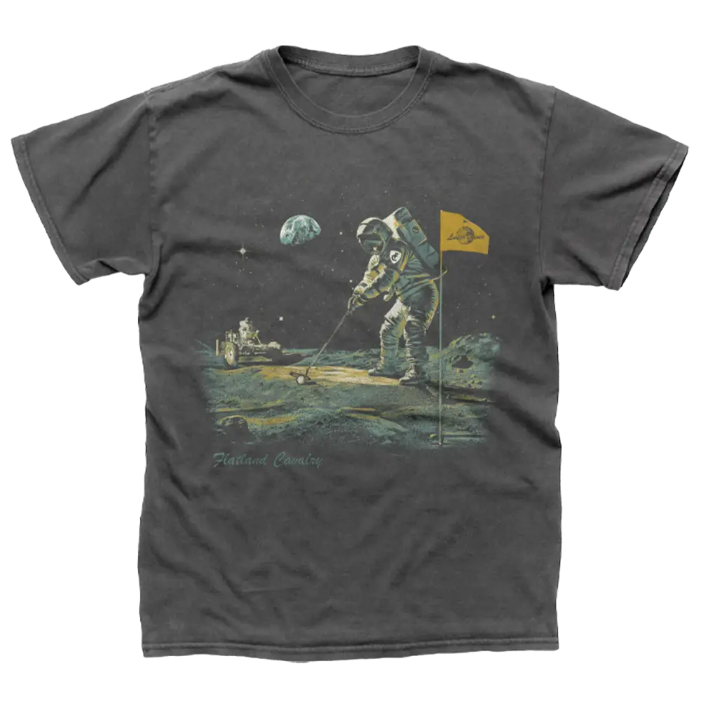 Gray t-shirt featuring a vintage-style illustration of an astronaut on the moon’s surface.