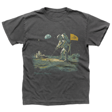 Gray t-shirt featuring a vintage-style illustration of an astronaut on the moon’s surface.