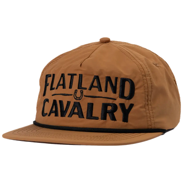 Brown baseball-style cap with ’FLATLAND CAVALRY’ text embroidered on the front.