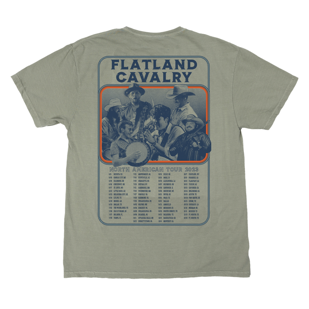 Light green t-shirt with a ’Flatland Cavalry’ tour date design on the back.