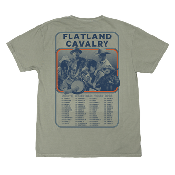 Light green t-shirt with a ’Flatland Cavalry’ tour date design on the back.