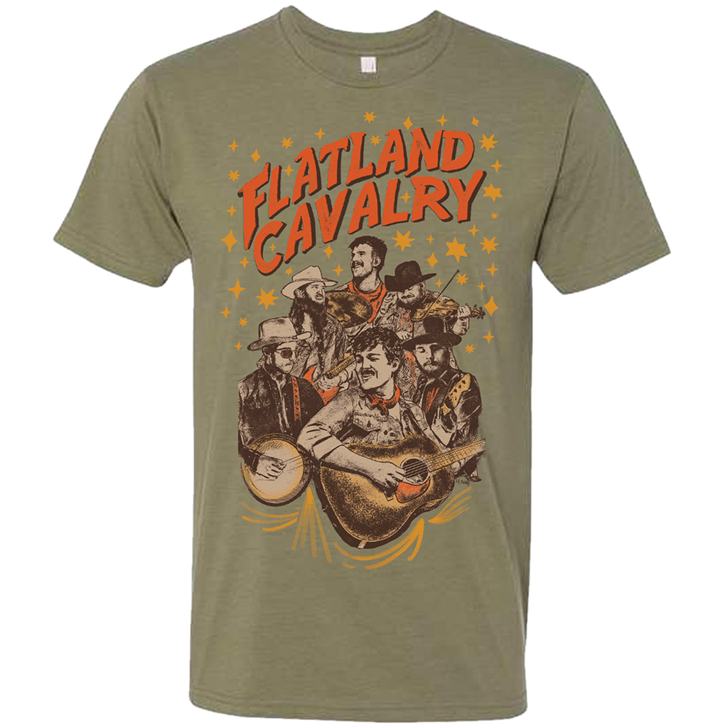 Olive green t-shirt with a colorful western-themed band design featuring cowboys and musical instruments.