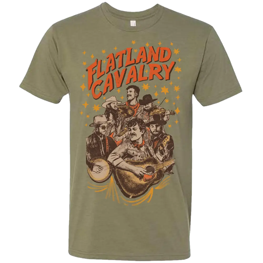 Olive green t-shirt with a colorful western-themed band design featuring cowboys and musical instruments.