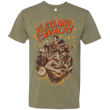 Olive green t-shirt with a colorful western-themed band design featuring cowboys and musical instruments.