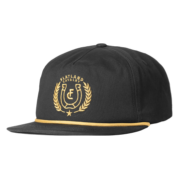 Black snapback cap with gold embroidered logo featuring a horseshoe and laurel wreath design.