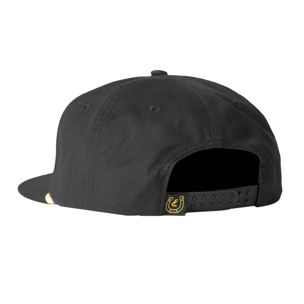 Black snapback cap with a flat brim and adjustable back closure.