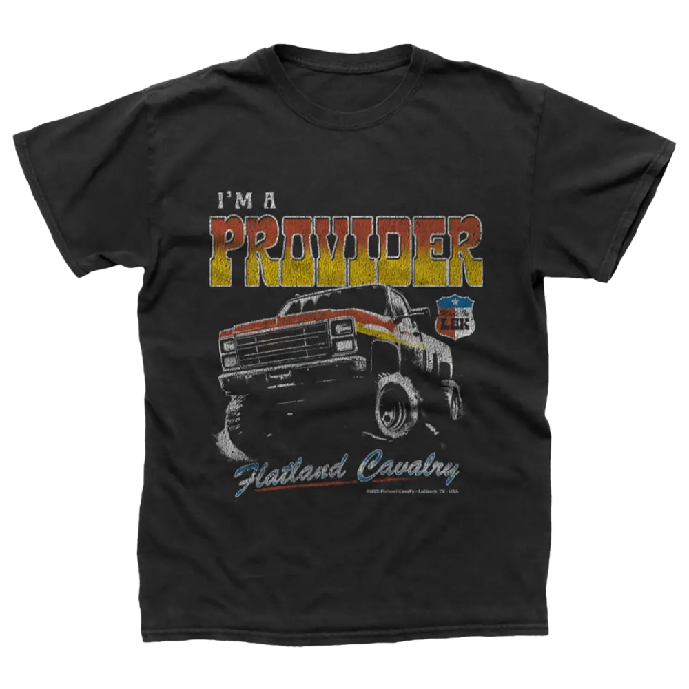 Black t-shirt with a vintage-style graphic design featuring a pickup truck and the text ’I’M A PROVIDER’ and ’Flatland Cavalry’.