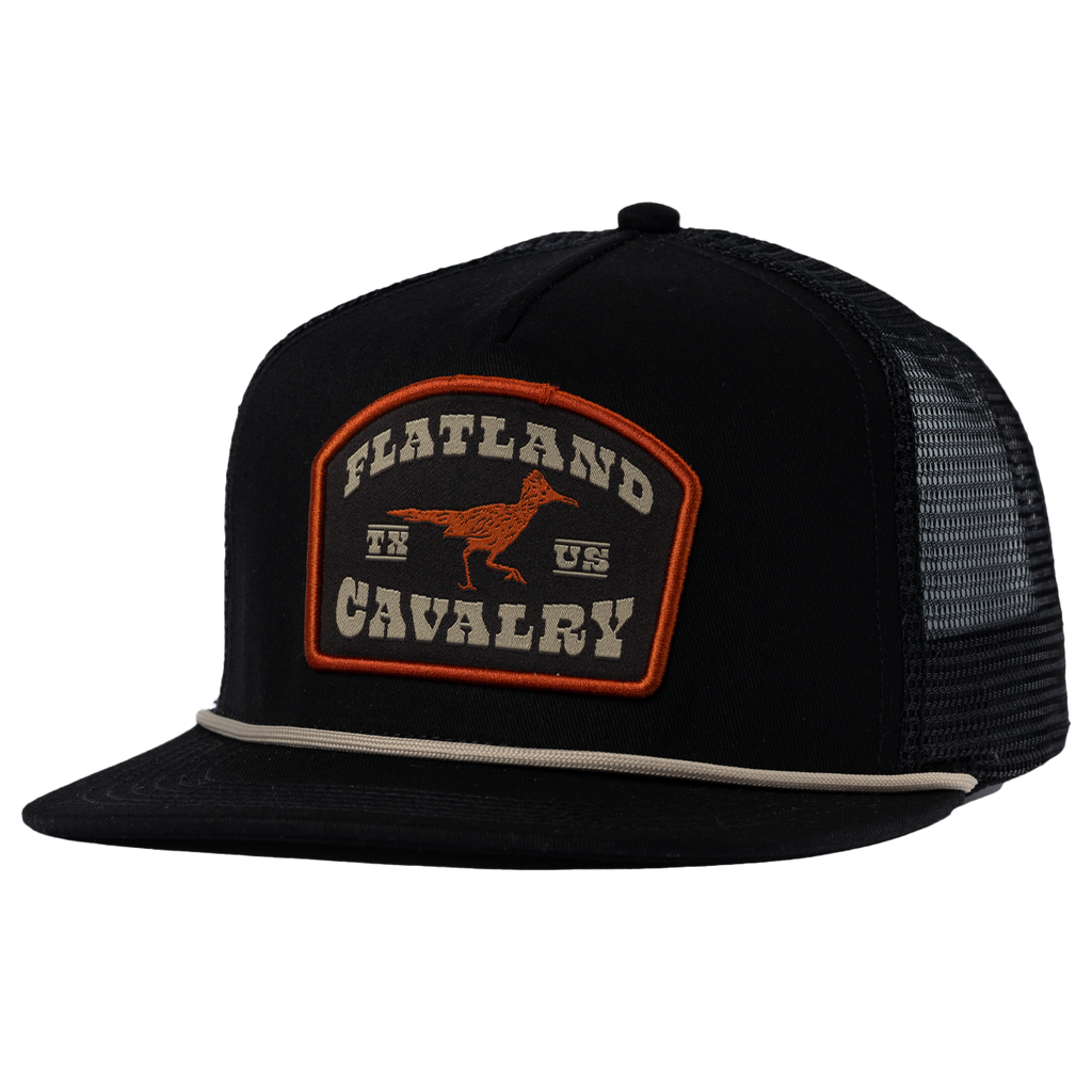 Black trucker hat with a ’Flatland Cavalry’ patch featuring a horse silhouette.