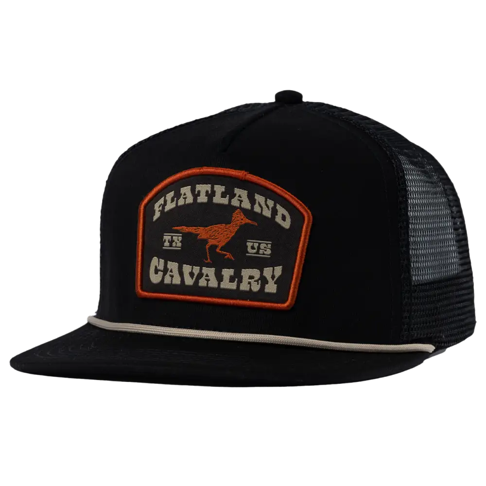 Black trucker hat with a ’Flatland Cavalry’ patch featuring a horse silhouette.