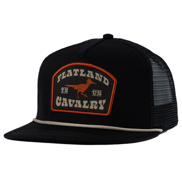 Black trucker hat with a ’Flatland Cavalry’ patch featuring a horse silhouette.