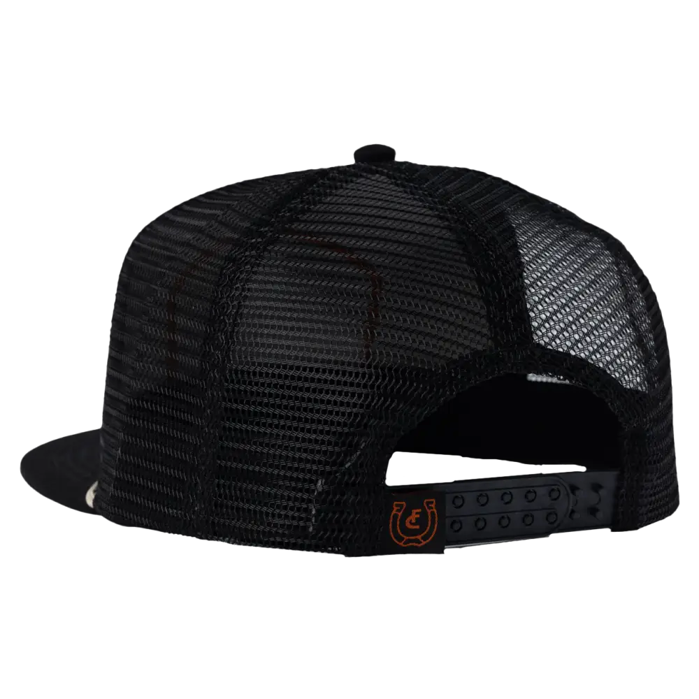 Black mesh trucker-style baseball cap with a flat brim.