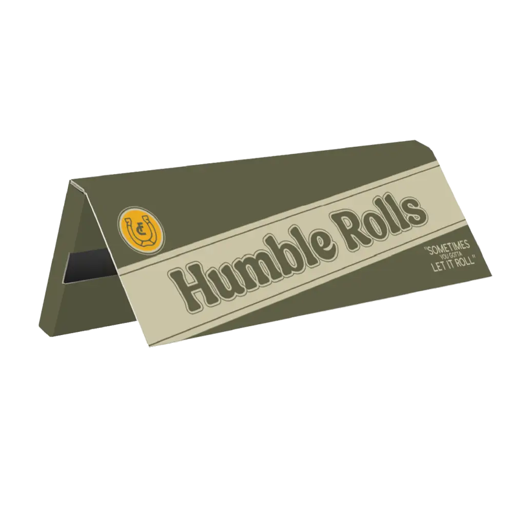 Rolling paper booklet labeled ’Humble Rolls’ in green and beige colors.