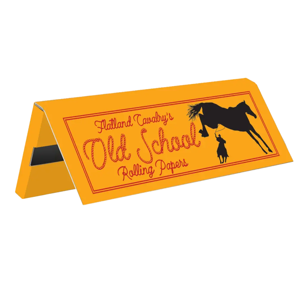 Rolling papers booklet with ’Old School’ branding and a horse silhouette on an orange cover.