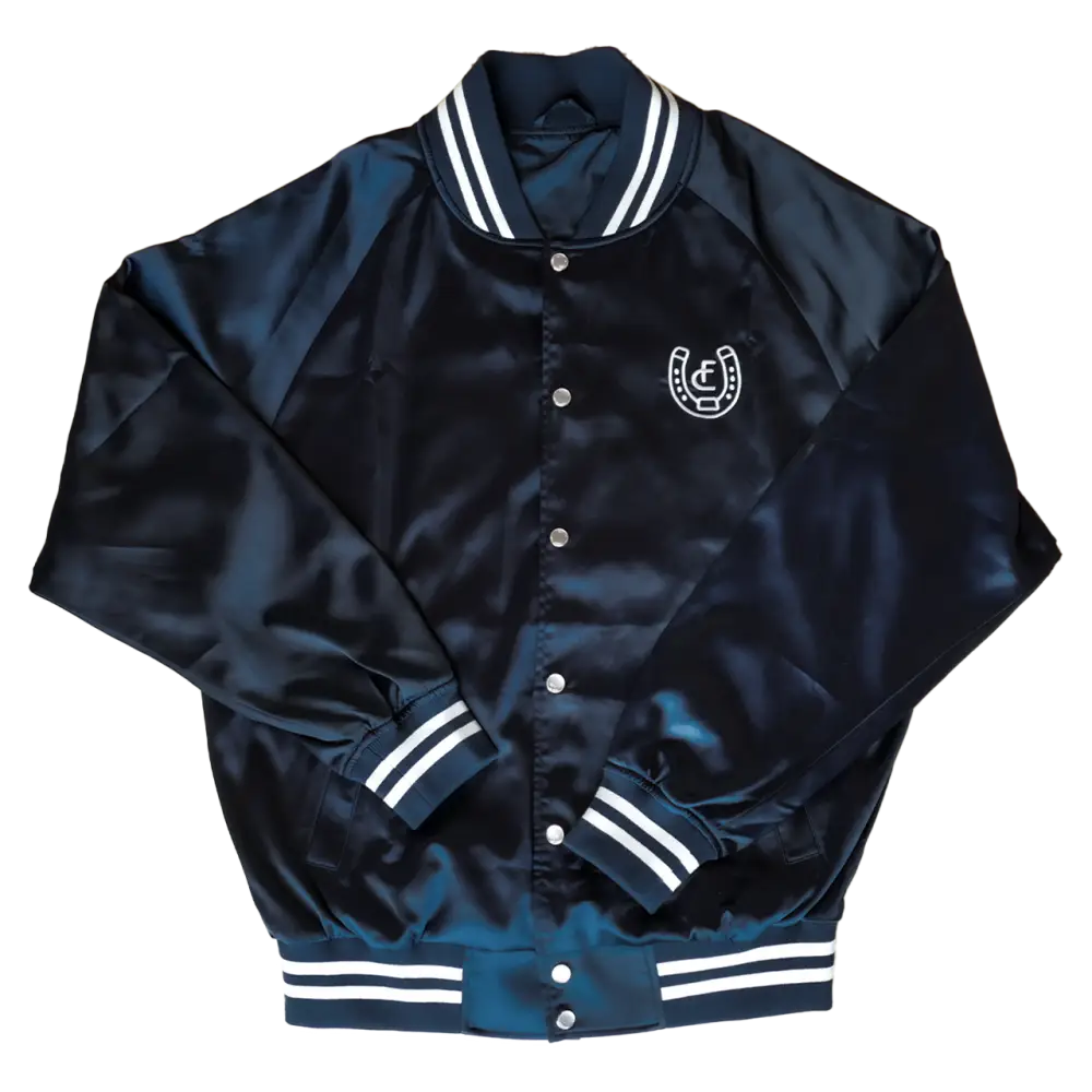 Black satin varsity jacket.