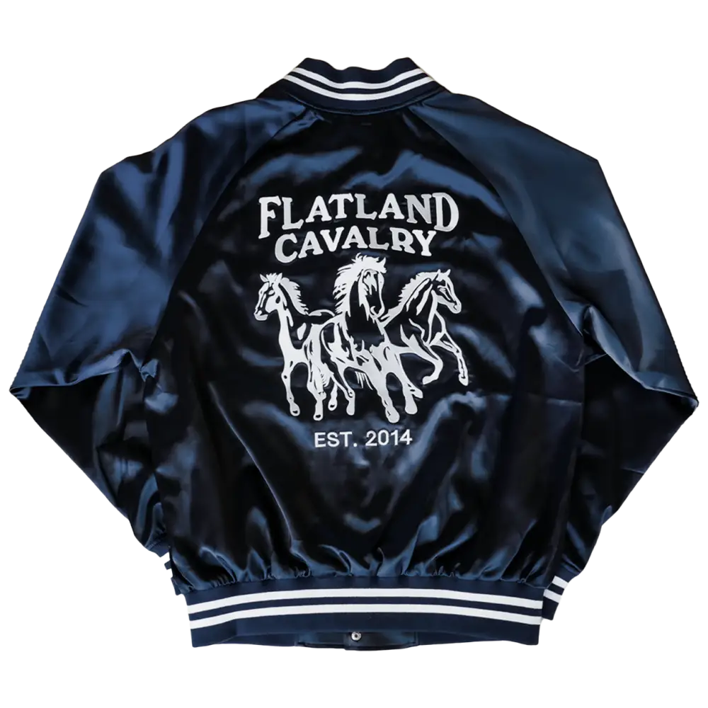 Black satin jacket with horse graphic.