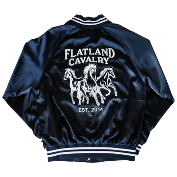 Black satin jacket with horse graphic.