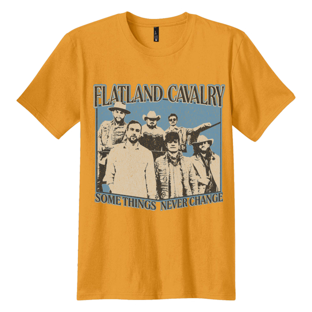 Yellow t-shirt featuring a vintage-style band photo and text for ’Flatland Cavalry’.