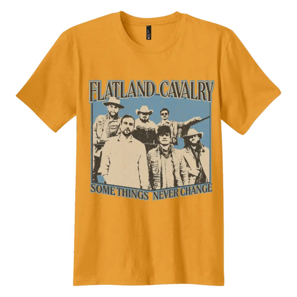 Yellow t-shirt featuring a vintage-style band photo and text for ’Flatland Cavalry’.