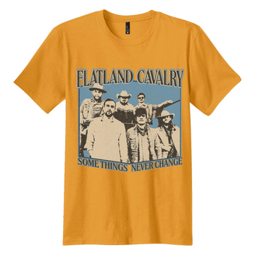 Yellow t-shirt featuring a vintage-style band photo and text for ’Flatland Cavalry’.