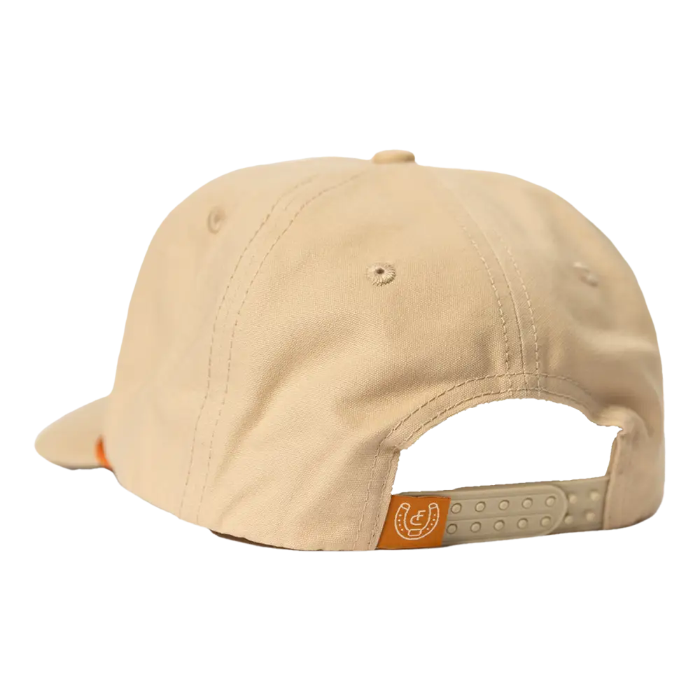 Beige baseball cap with adjustable strap.