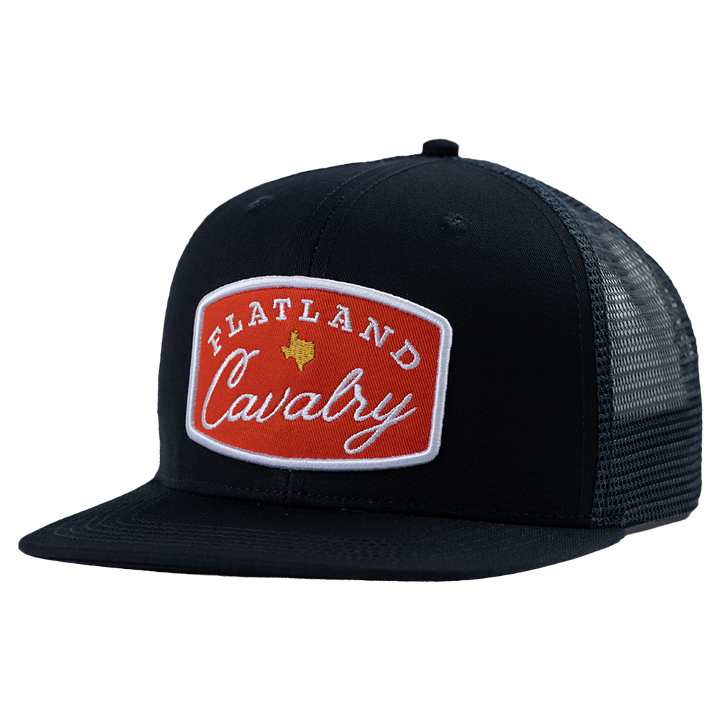 Black trucker hat with ’Flatland Cavalry’ patch.