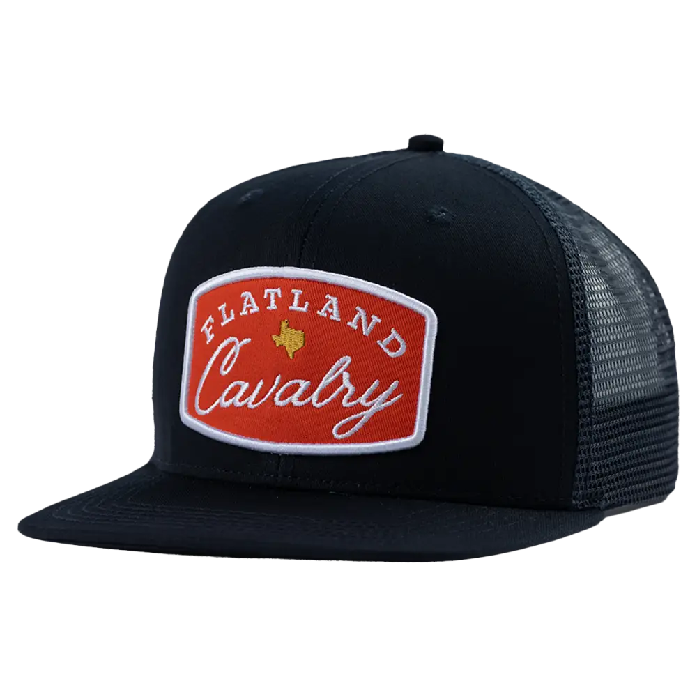 Black trucker hat with ’Flatland Cavalry’ patch.