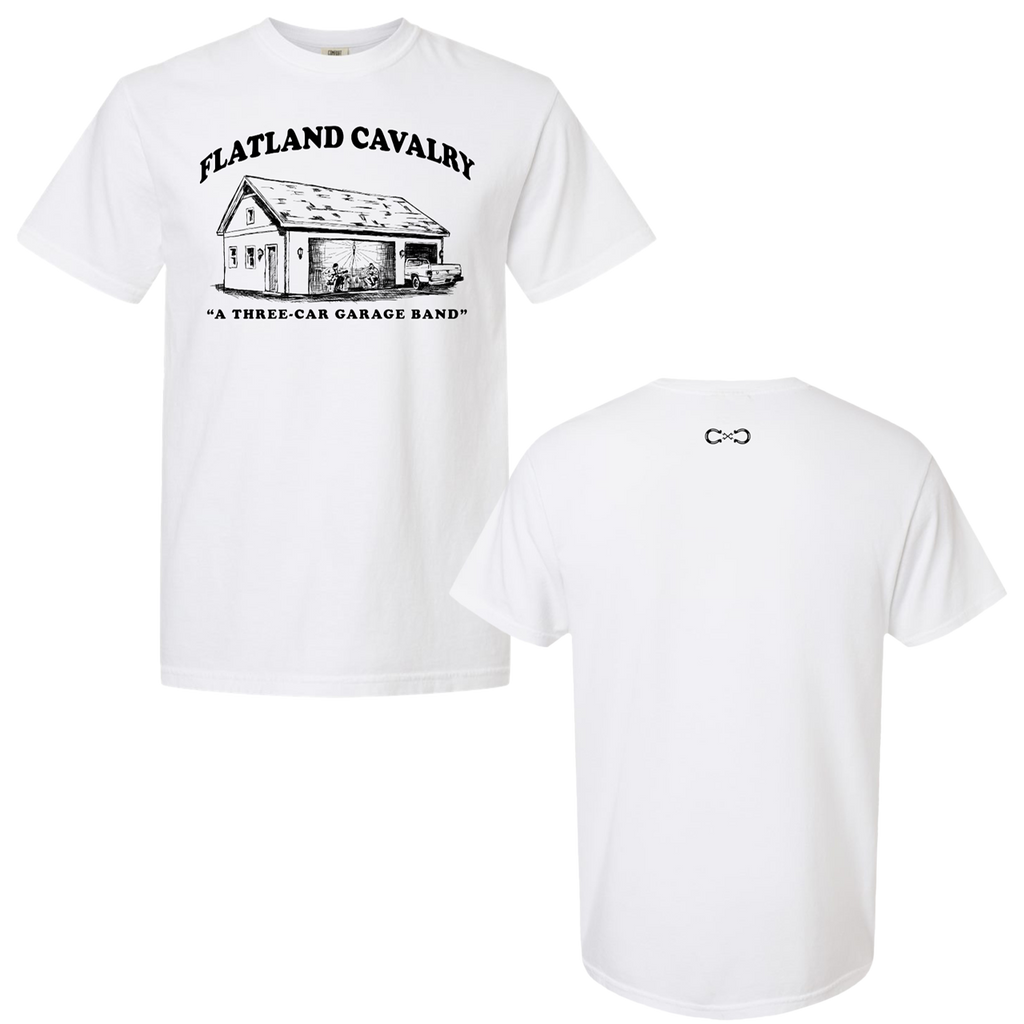 White t-shirt with garage graphic.