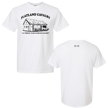 White t-shirt with garage graphic.