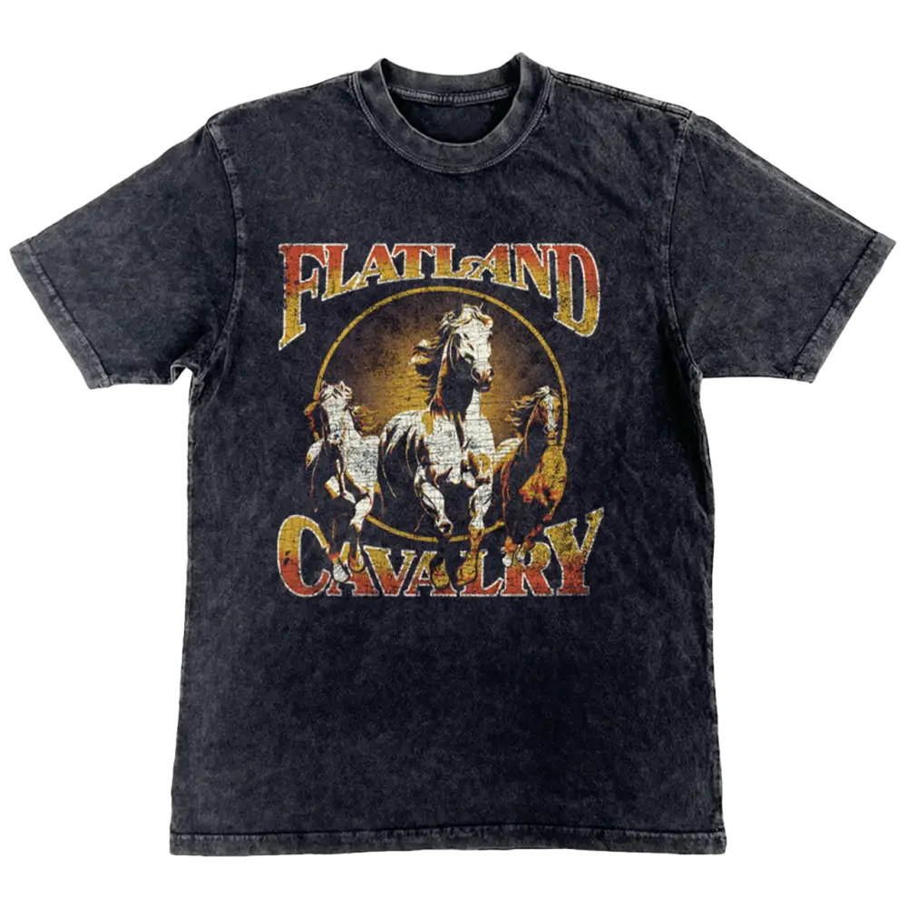 Black t-shirt featuring a ’Flatland Cavalry’ graphic design with a cowboy on horseback.