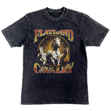 Black t-shirt featuring a ’Flatland Cavalry’ graphic design with a cowboy on horseback.