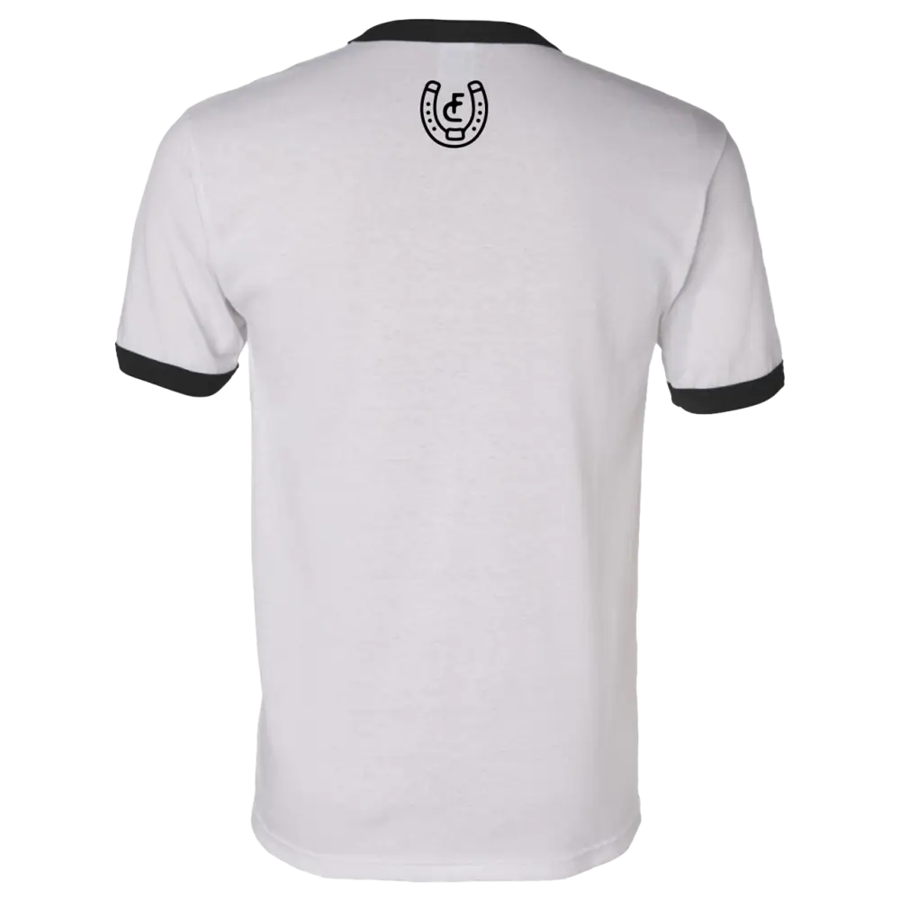 White t-shirt with black trim and a horseshoe logo on the back.