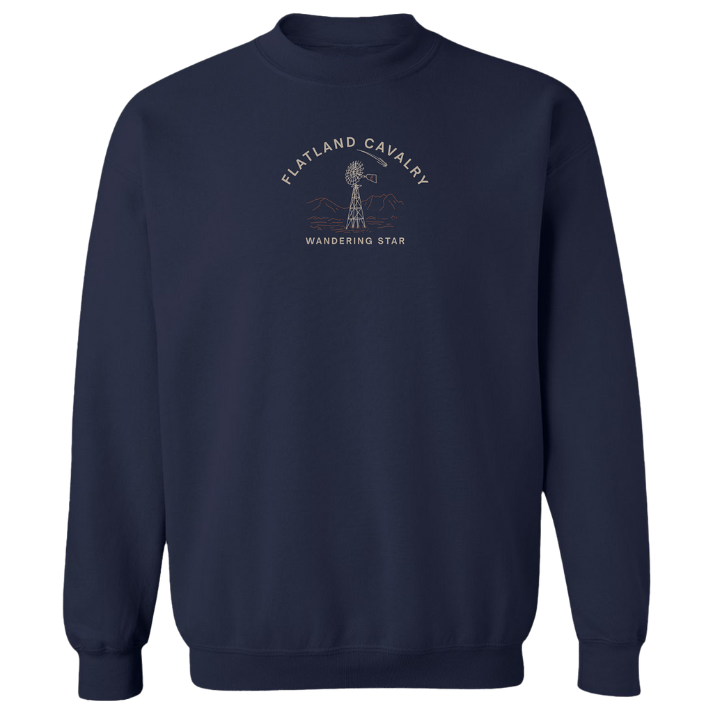 Navy blue sweatshirt with ’Flatland Cavalry’ and a logo printed on the chest.