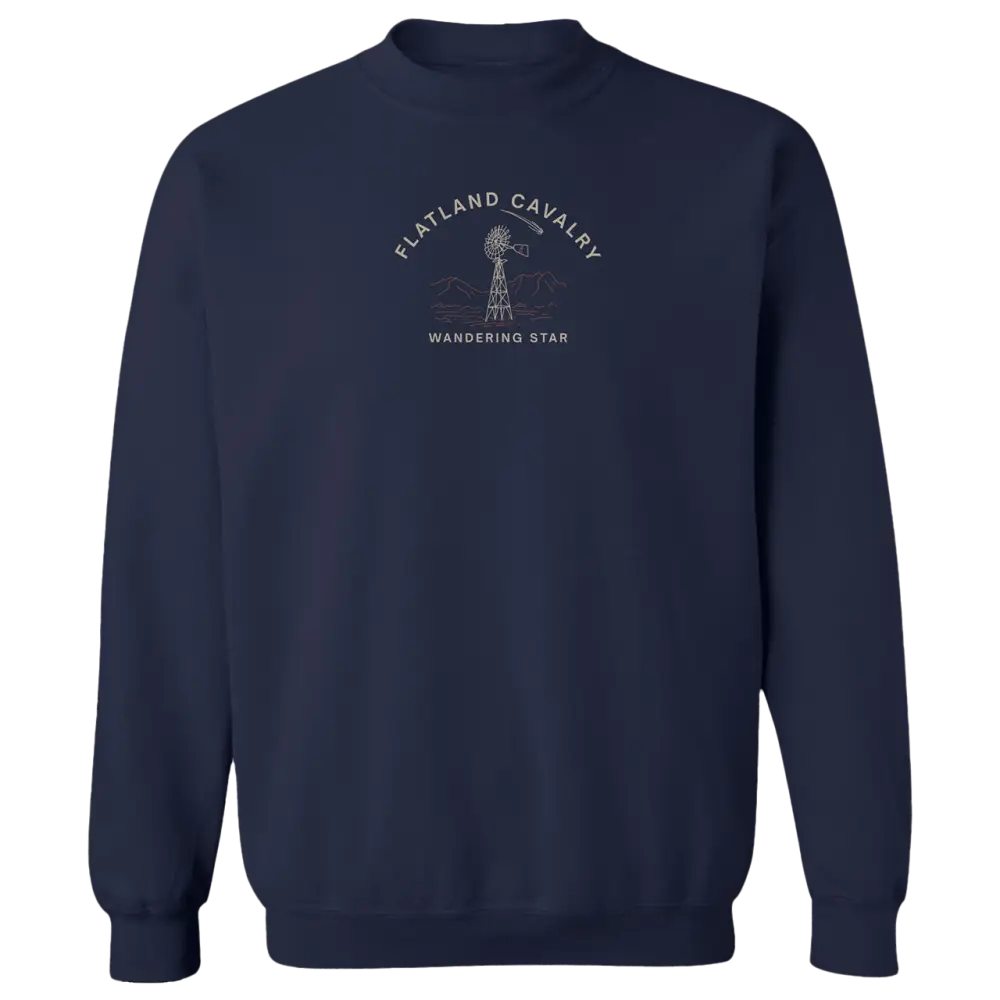 Navy blue sweatshirt with ’Flatland Cavalry’ and a logo printed on the chest.