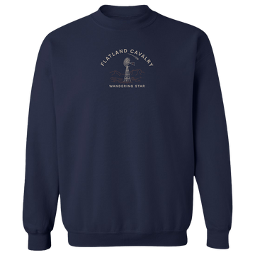 Navy blue sweatshirt with ’Flatland Cavalry’ and a logo printed on the chest.