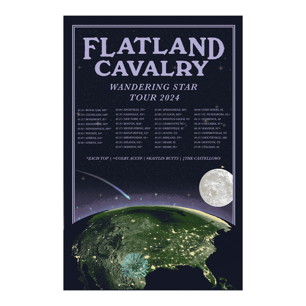 Tour poster for Flatland Cavalry’s ’Wandering Star Tour 2024’’ featuring a view of North America from space with a moon and shooting star.