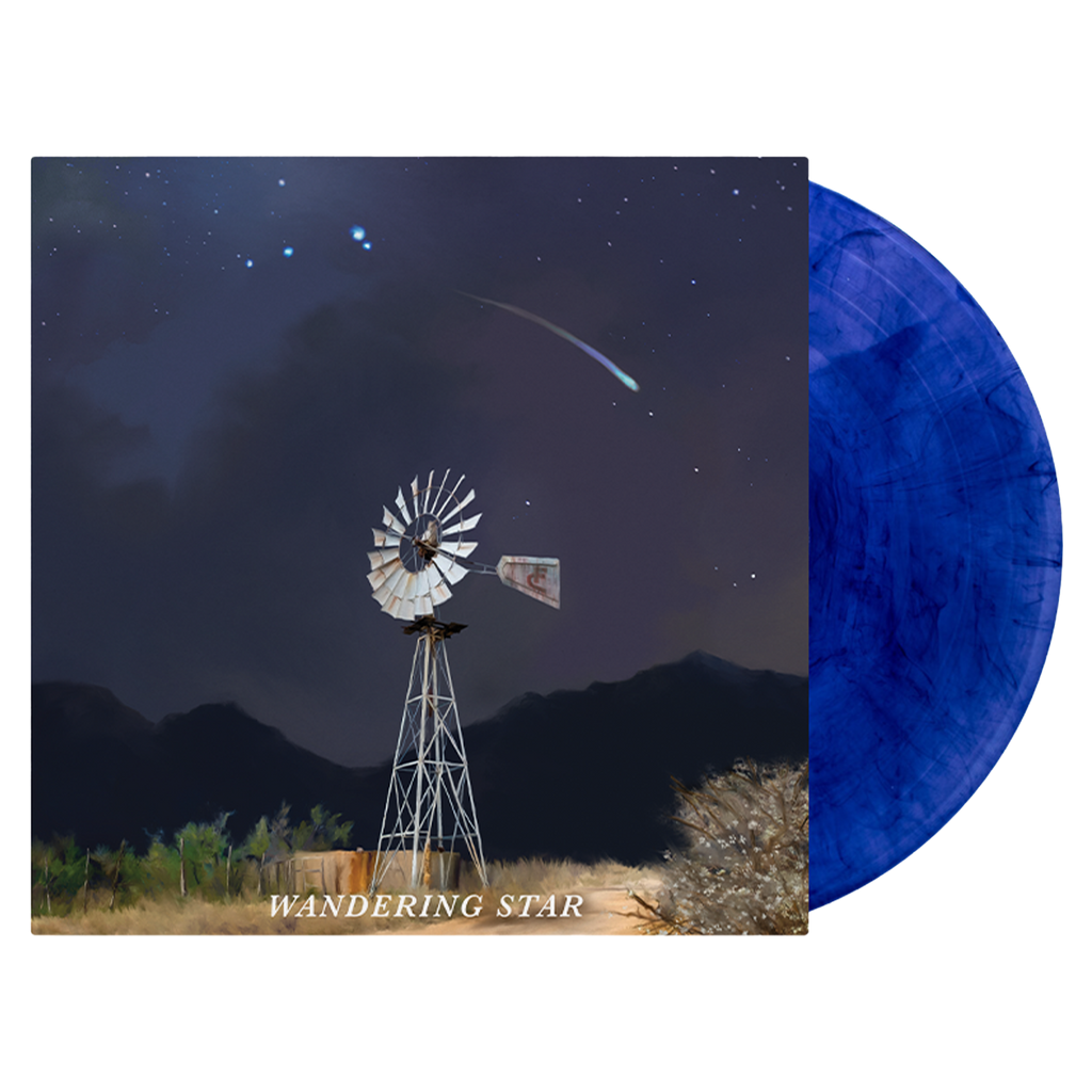 Vinyl record album with a blue marbled disc and cover art depicting a windmill under a starry night sky.