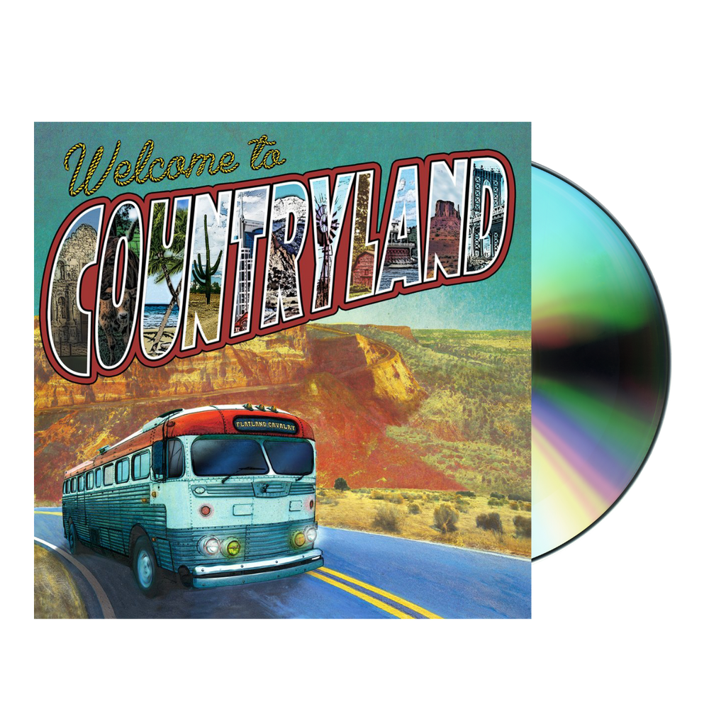 CD album cover featuring a retro-style ’Welcome to Countryland’ design with a vintage bus on a desert highway.