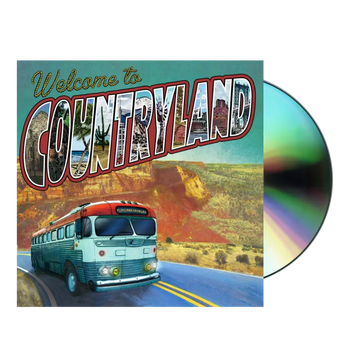 CD album cover featuring a retro-style ’Welcome to Countryland’ design with a vintage bus on a desert highway.