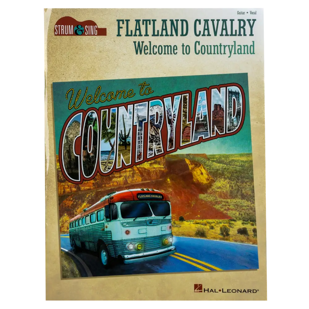 Book cover for ’Flatland Cavalry: Welcome to Countryland’ featuring a vintage-style postcard design with a blue bus on a desert highway.